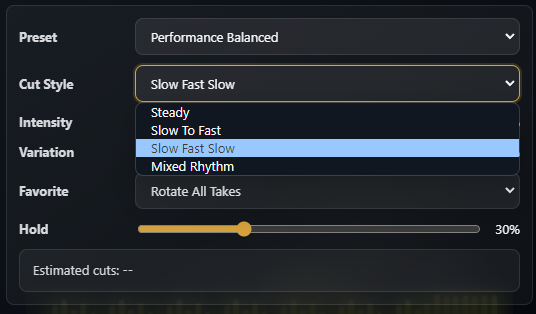 MusixVid EDITOR cut style dropdown