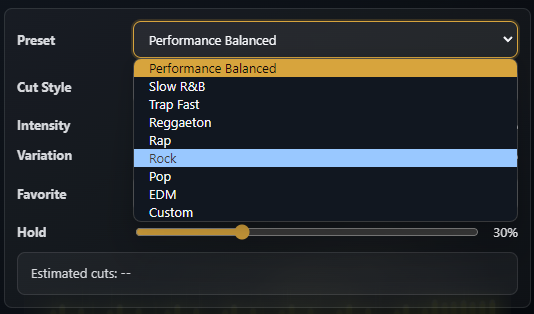 MusixVid EDITOR preset dropdown