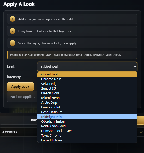MusixVid EDITOR looks dropdown